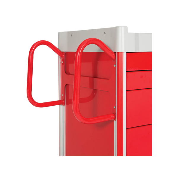 Red medical cart with sturdy side push handles, designed for easy maneuverability and transport in healthcare settings.