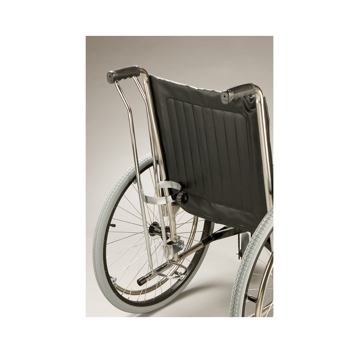 Chromed steel oxygen cylinder holder for Type C bottles, shown mounted on a wheelchair tilt bar with secure clamp and easy removal feature.
