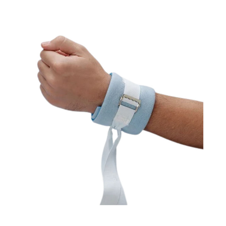 hand with the blue soft limb holder around the wrist