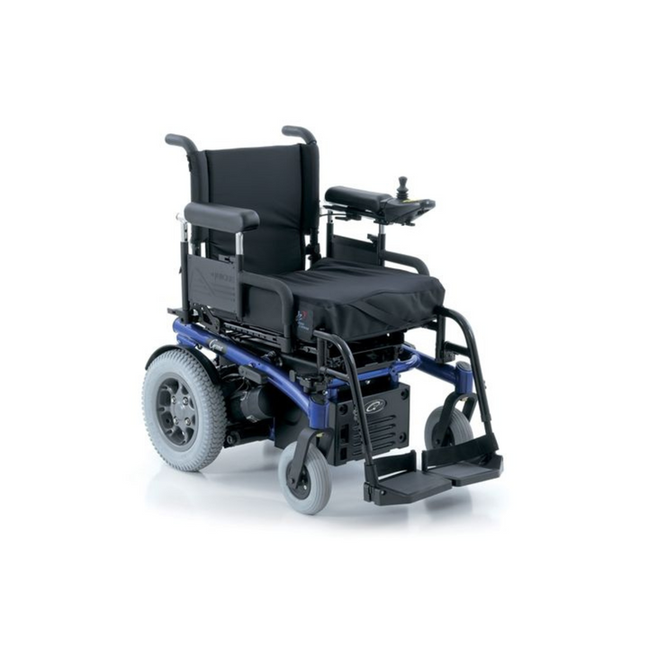 an image of  wheelchair with a cushion seat, footrest, and four wheels