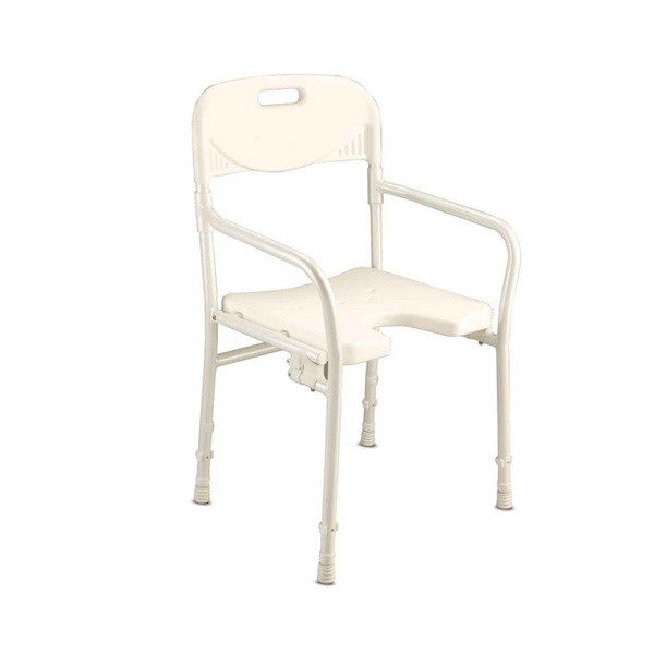 image of a cut away plastic seat mounted on a aluminium frame. the shower chair has a backrest and armrests 