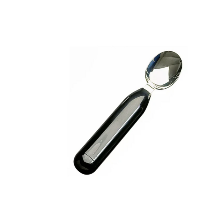 Adaptive spoon with a black ergonomic handle and a stainless steel bowl, designed for individuals with limited hand mobility or dexterity challenges.