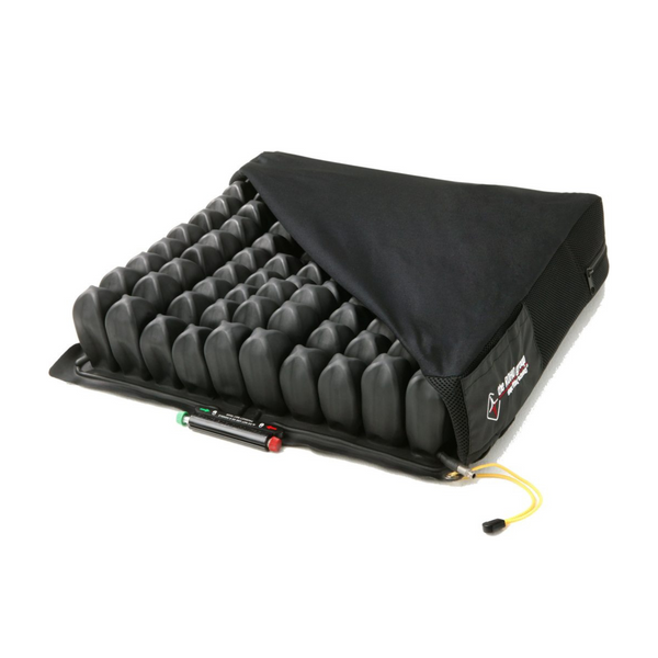 image of Low-Profile Air Cell Cushion showing Interconnected cells to promote blood circulation and pressure relief while adapting to body contours to reduce shear forces. Made from soft, durable neoprene with a breathable zippered Lycra cover and non-slip base. Includes pump for easy inflation.