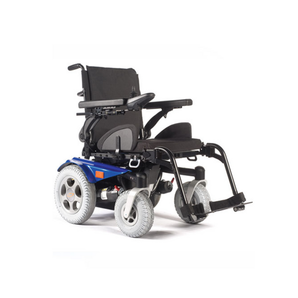 Image of a blue and black motorised wheelchair with footrest, four wheels and a hand controller