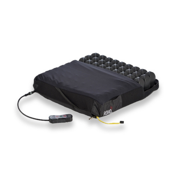 image of the Pressure-Relief Air Cushion showing the Interconnected flexible cells promote blood circulation and adapt to patient contours, reducing shear forces.  Made from soft, durable neoprene with a breathable zippered Lycra cover and non-slip base. Includes pump for easy inflation.