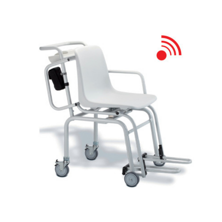 seca 954 wireless chair scale with comfortable seat, folding armrests, adjustable footrests, and lockable rear wheels for safety. Features large LCD display, easy-to-use controls, and 360° wireless technology for seamless data transfer. Includes practical carrying case for power adapter and smooth-running pivoting wheels for tight spaces. Supports BMI measurement and EMR integration for digital patient records.