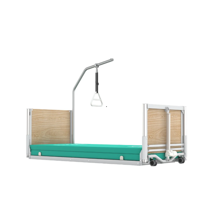 Image of a bed with a securely attached pole featuring a stable base. A handle is positioned over the bed, connected to the pole for support and mobility assistance.