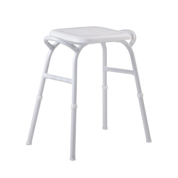 image of a shower stool with side handles to assist user transfers. It has a plastic moulded seat for durability and fitted with rubber feet for additional safety.