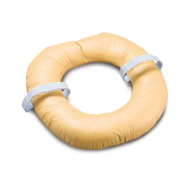 image of a silicone coated fibre-filled cushion made from cylindrical hollow core fibres for enhanced comfort and shear reduction. Features fluid-resistant PVC and adjustable Velcro securing straps.