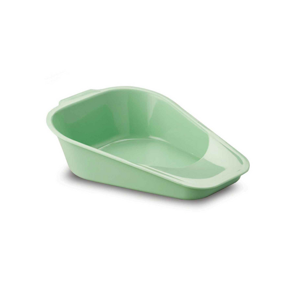 Wedge-shaped bedpan with an integrated handle, front panel to prevent spillage, and moulded plastic design. Autoclavable for easy sanitisation.