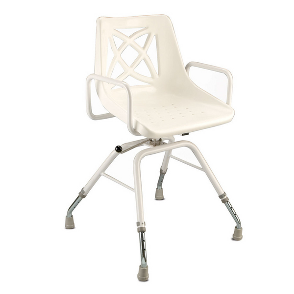 an image of a height adjustable rotating chair to assist user to bathe safely. Includes armrests and lockable positions for additional support and safety.