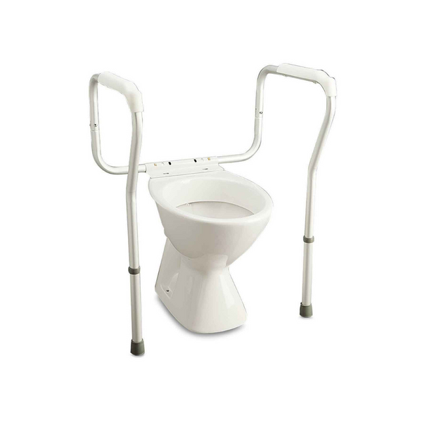 white safety arms with white grip handles shown fixed to a toilet