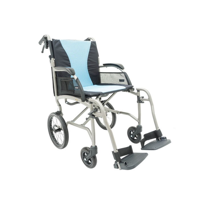 Atmos Ultra-Lite Wheelchair – One of the lightest in its class, weighing under 8kg. Crash-tested to 136kg for safety. Reinforced frame offers strength, durability, and performance. Easily collapses into a compact unit for transport, with a folding backrest and lock strap for secure storage. Cushioned seat and removable, washable backrest cushions provide comfort and support, assisting with posture and pressure relief.