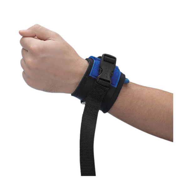 a hand with the posey restraint around it. The cuff is blue and black and has a buckle closure