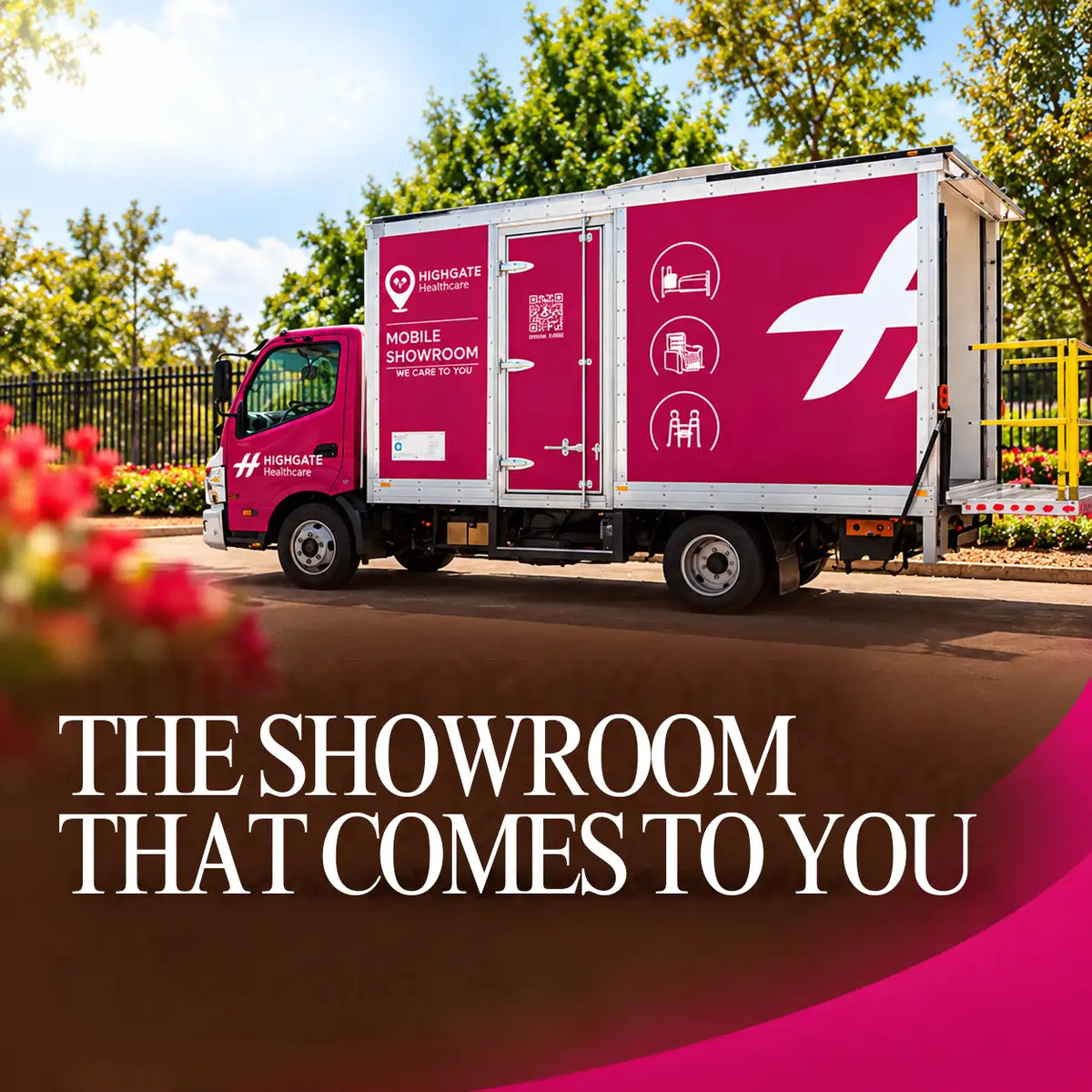 A vibrant magenta highgate healthcare mobile showroom truck with white lettering and logos, featuring a sleek design for on-site healthcare services.