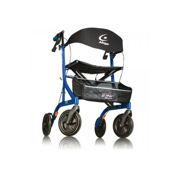 an image of a mobility walker with brakes , handles a seat and 4 wheels